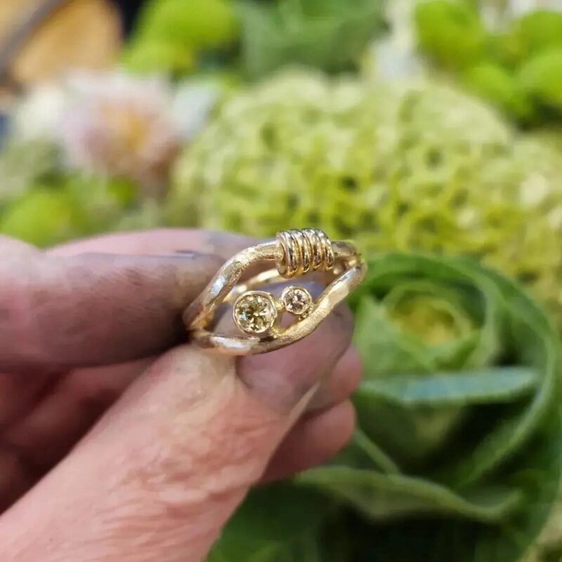 Guldring med champagnefarvet og gul diamant